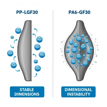 Illustration showing moisture affecting PA6 but not PP Illustration showing moisture affecting PA6 but not PP