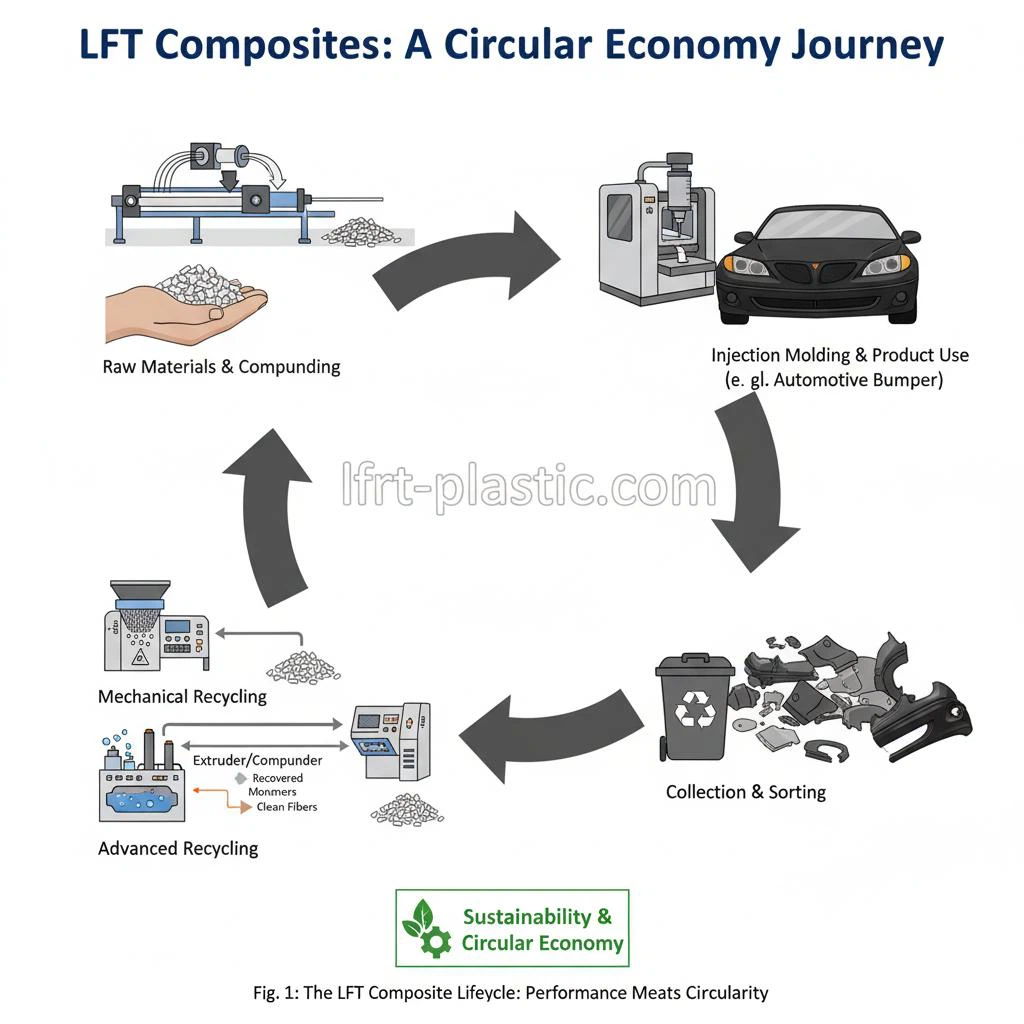 A powerful visual depicting the lifecycle of LFT composites, from manufacturing and application to various recycling pathways and re-integration into new products, emphasizing circularity and sustainability. A powerful visual depicting the lifecycle of LFT composites, from manufacturing and application to various recycling pathways and re-integration into new products, emphasizing circularity and sustainability.