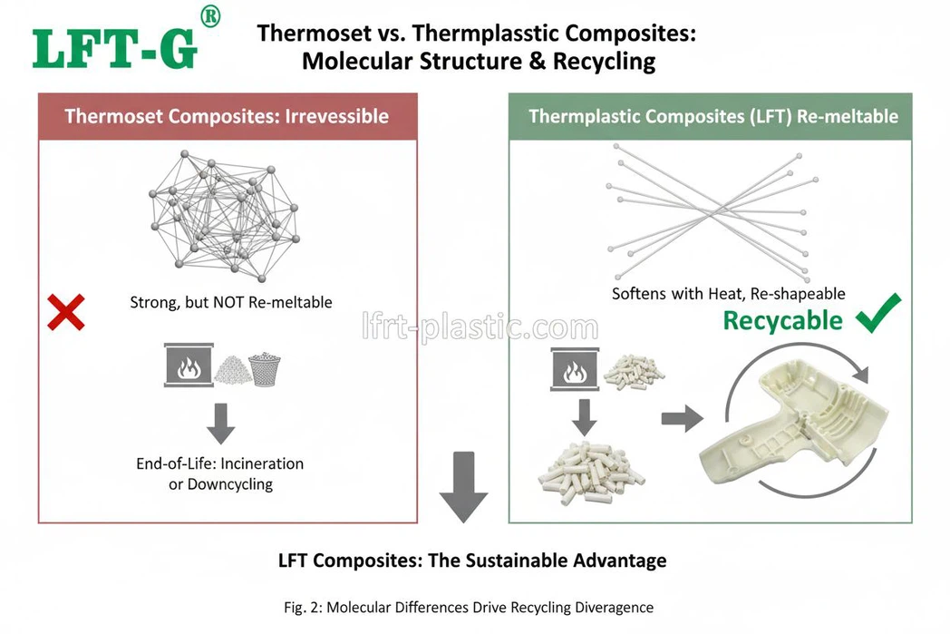 A comparative diagram showing the molecular structure and recycling pathways of thermoset (irreversible) and thermoplastic (re-meltable) composites, highlighting LFT's advantage. A comparative diagram showing the molecular structure and recycling pathways of thermoset (irreversible) and thermoplastic (re-meltable) composites, highlighting LFT's advantage.