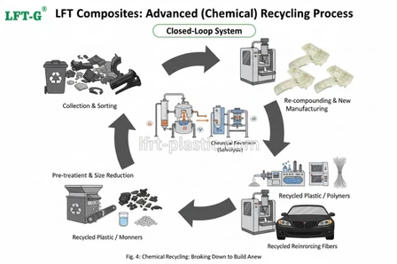 A diagram illustrating chemical recycling processes for LFT, showing the breakdown of polymer and recovery of reinforcing fibers. A diagram illustrating chemical recycling processes for LFT, showing the breakdown of polymer and recovery of reinforcing fibers.