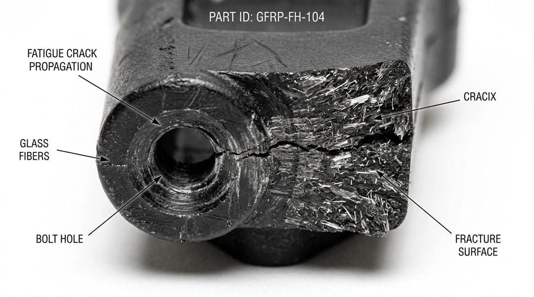 Macro photograph showing a fatigue crack propagating through an SGF-PA66 bolt hole