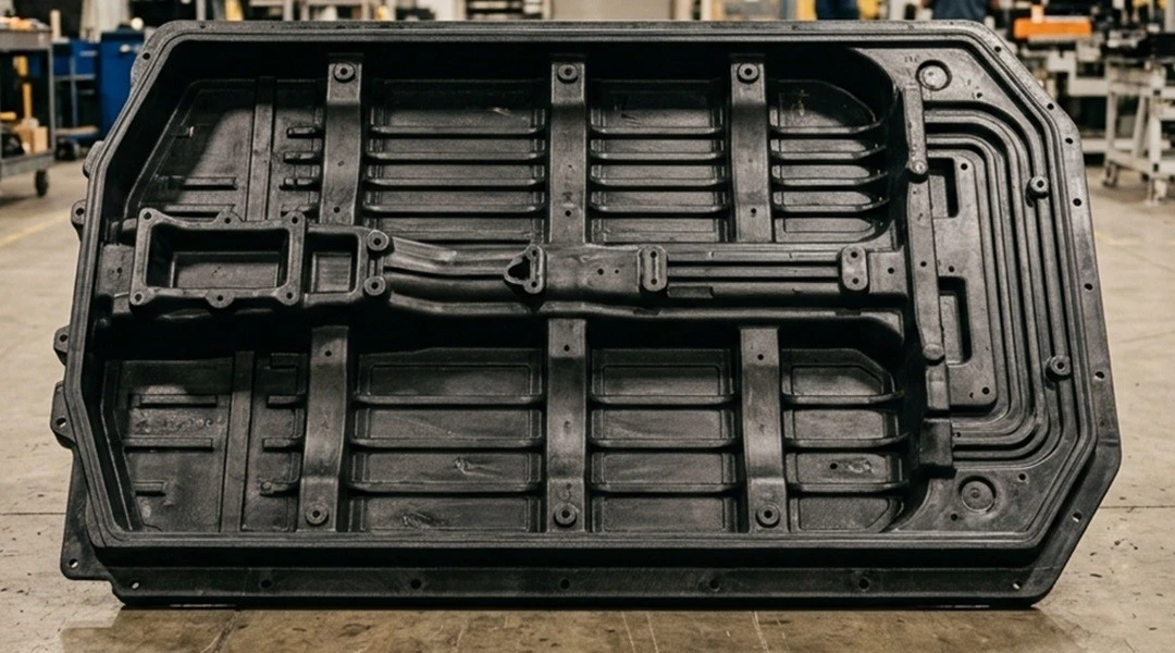 A large, black matte LGF-PP electric vehicle battery tray resting on a modern automotive factory floor