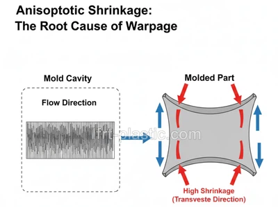 A diagram illustrating anisotropic shrinkage in a short-fiber plastic part, showing more shrinkage in the transverse direction than the flow direction. A diagram illustrating anisotropic shrinkage in a short-fiber plastic part, showing more shrinkage in the transverse direction than the flow direction.