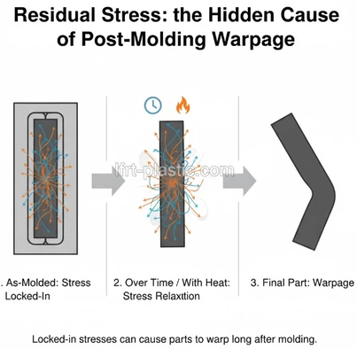 A schematic showing locked-in residual stress in a plastic part, which is later released and causes post-molding warpage A schematic showing locked-in residual stress in a plastic part, which is later released and causes post-molding warpage
